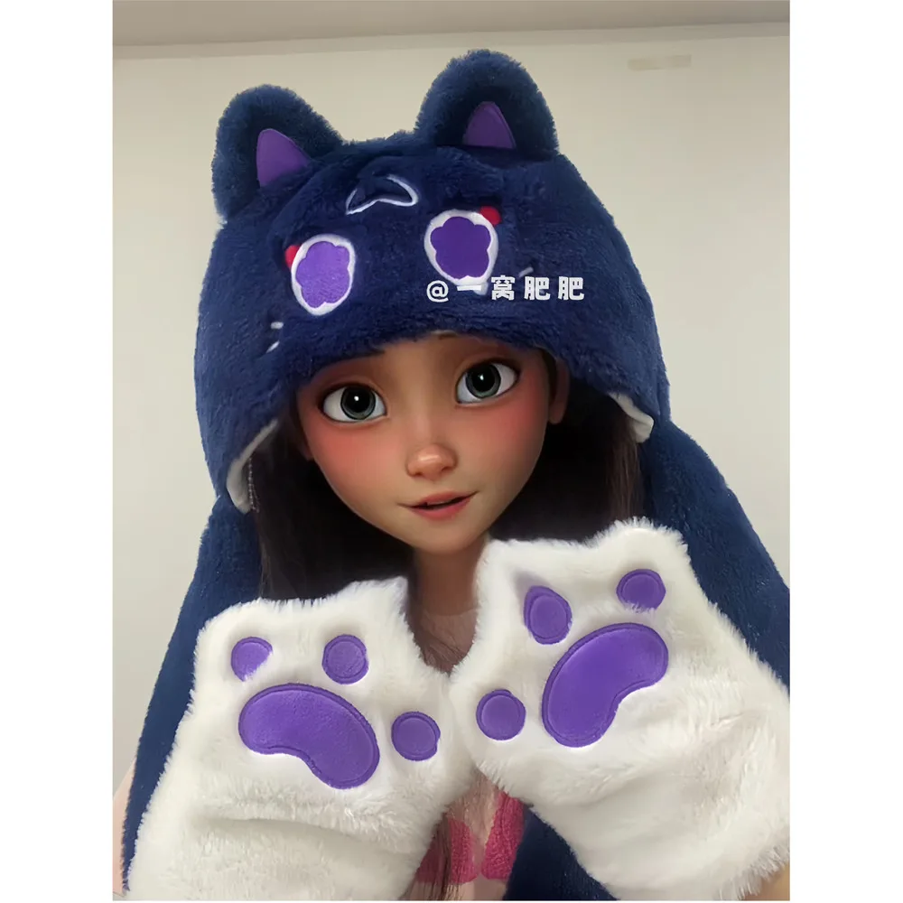 Anime Genshin Impact Balladeer Cute Cat Series Cosplay Autumn Winter Plush Scarf Protection Warm Gloves Three Piece Set