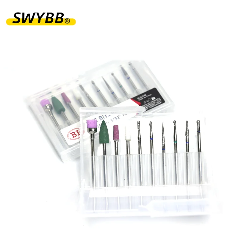 SWYBB Diamond Milling Cutters Manicure Carbide Nail Drill Bits Kits Equipment Tools Acrylic Gel Nails and Cuticle 10Pcs