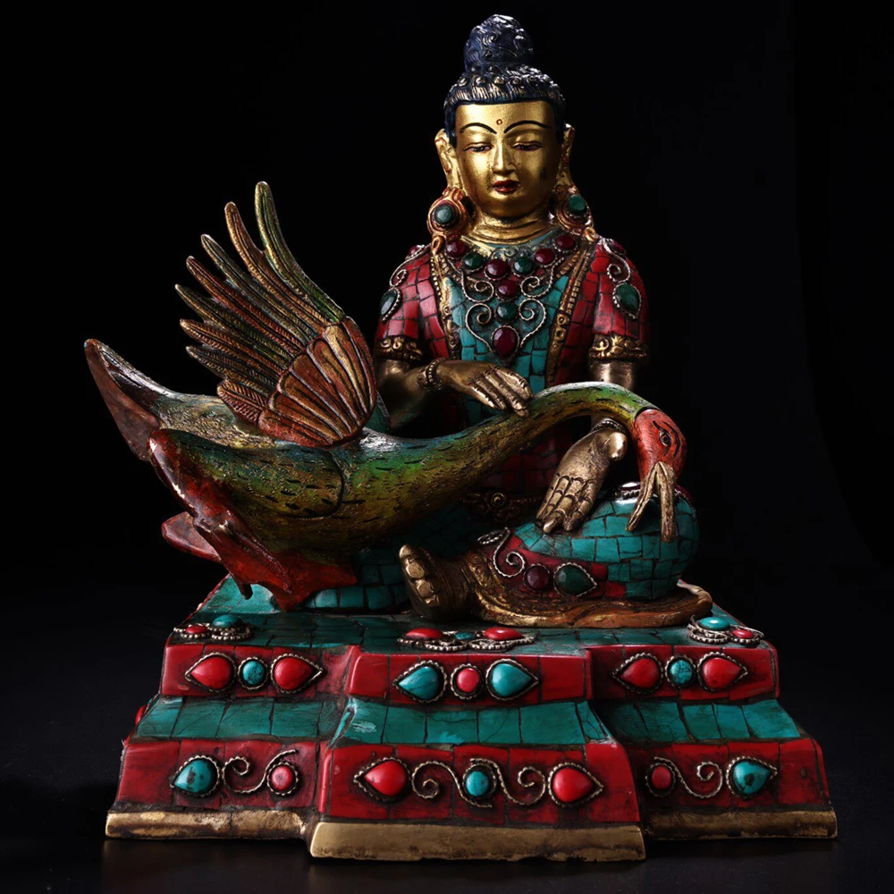 Tibetan Copper Gem Inlaid Painted Gold Highlight Auspicious Crane Mother Buddha Statue Heavy Patina Well Preserved