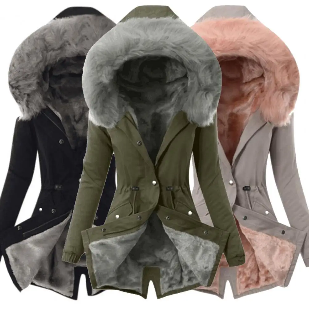 Women Jacket Fluffy Drawstring Pocket Hooded Solid Warming Coat for Dating