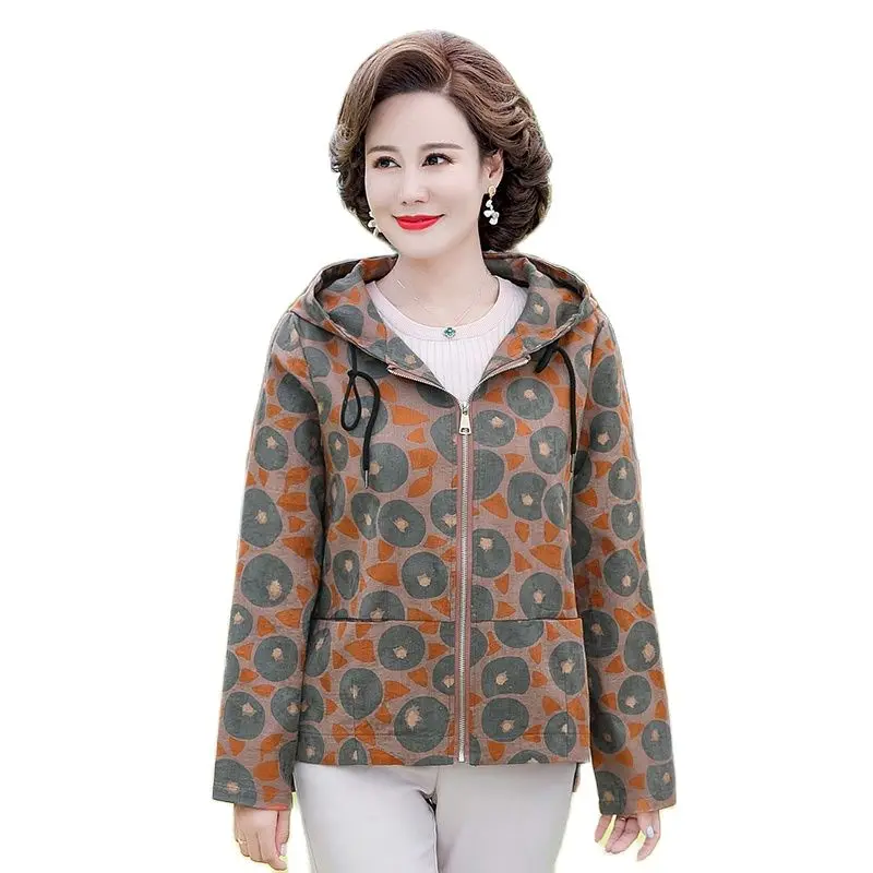 

Middle-Aged Elderly Women's Coat 2022 New Spring Autumn Short Jacket Fashion Pocket Hooded Outerwear Tops Casaco Feminino 5XL