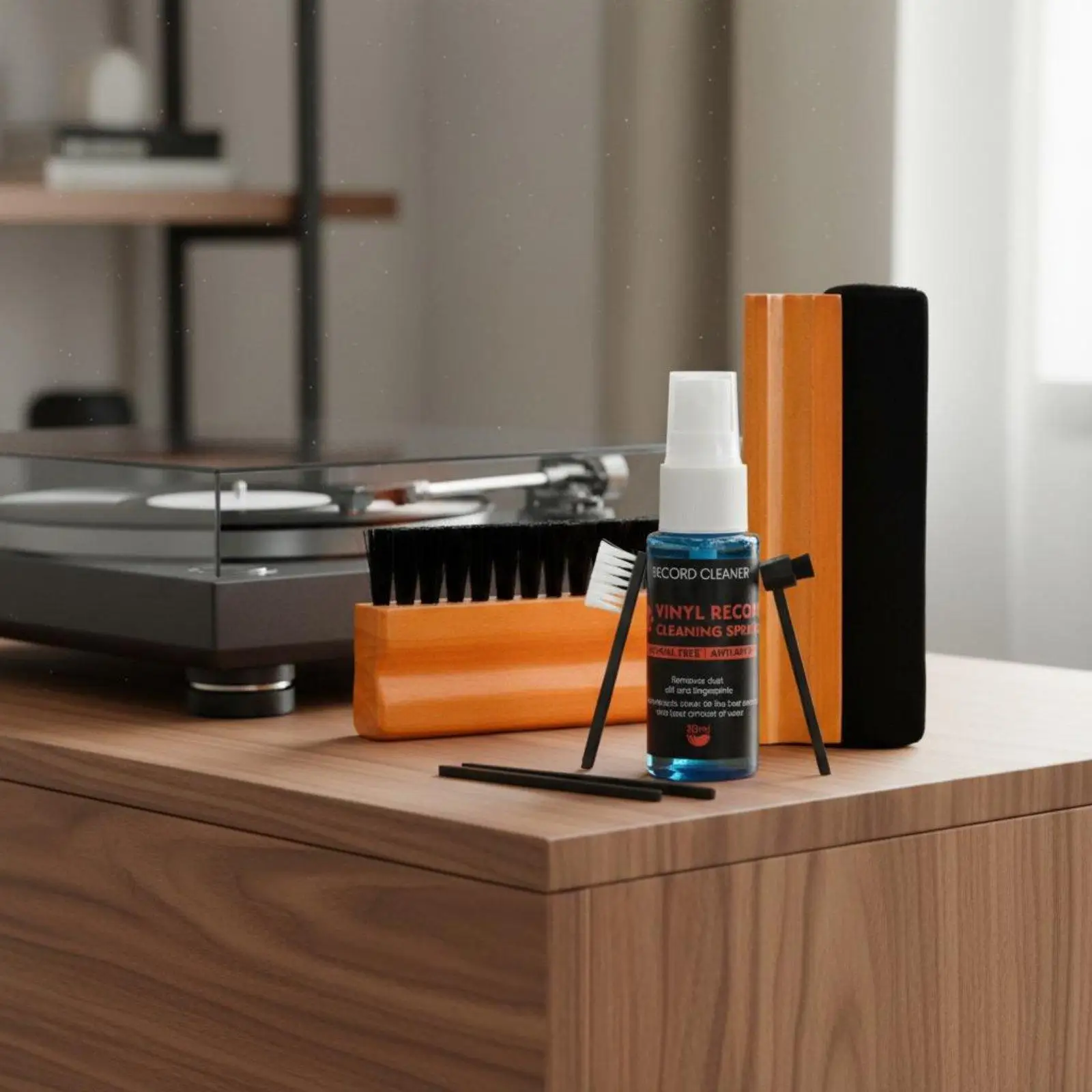 5 Pieces Vinyl Record Cleaning Set Non-Scratching LP Cleaning Brush Kit Improves Sound Quality Record Brush and Fluid Set for
