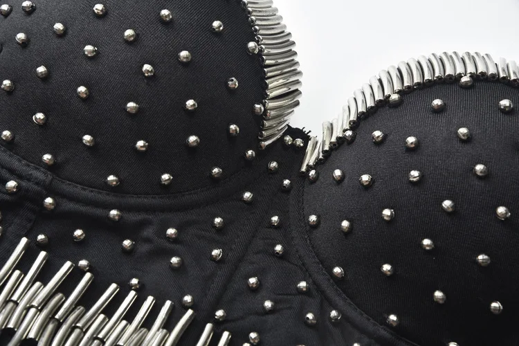 

Silver Black Corset Sexy Women Adjusted-straps Push Up Bra Golden Gothic Beading Bustier Punk Rock Hot Lingerie Party Clubwear