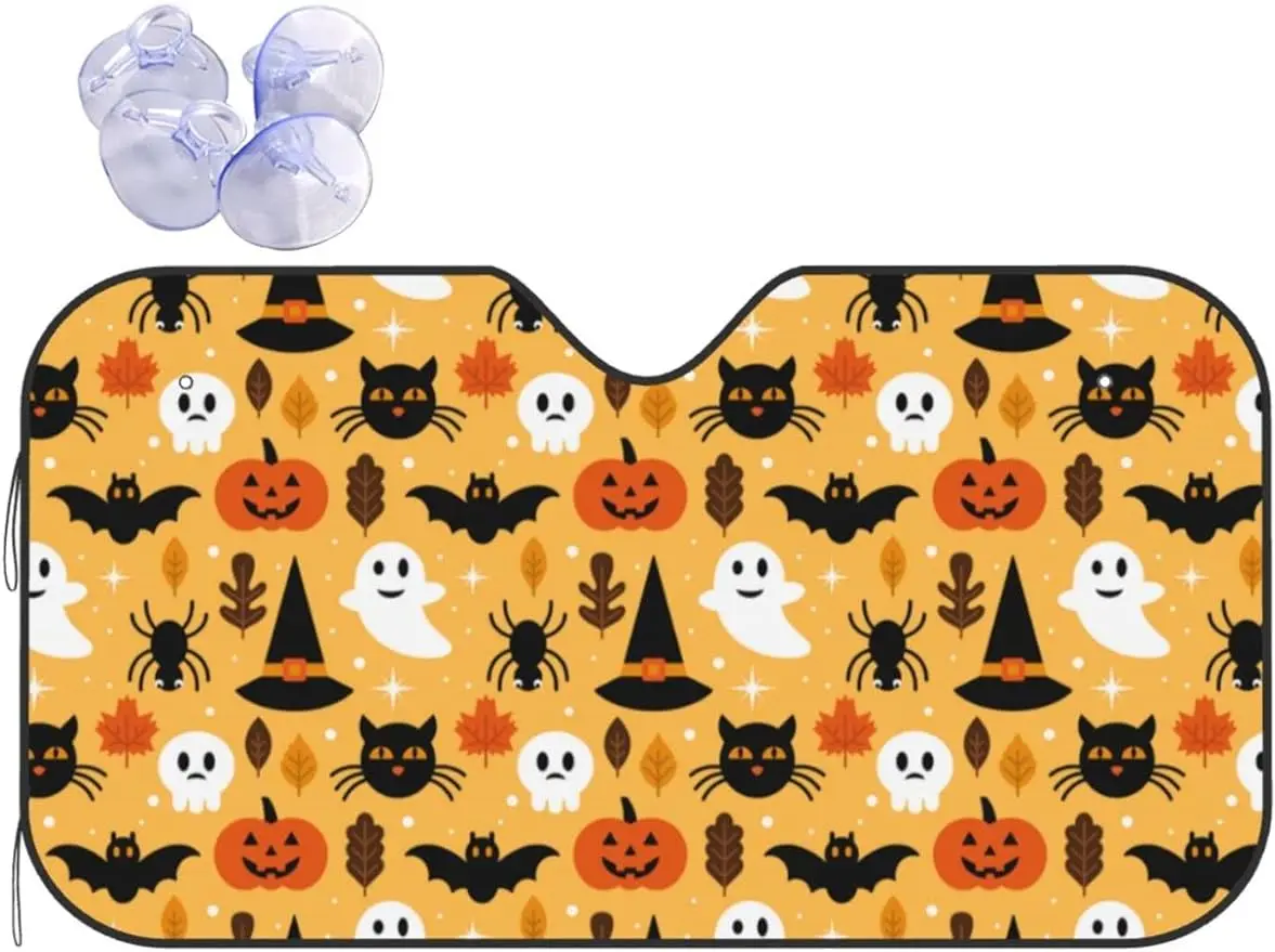 Windshield Sunshade for Most Vehicle Halloween Bats Ghost Pumpkin Car Sun Shade for Front Window Auto Sun Visor Heat Protection