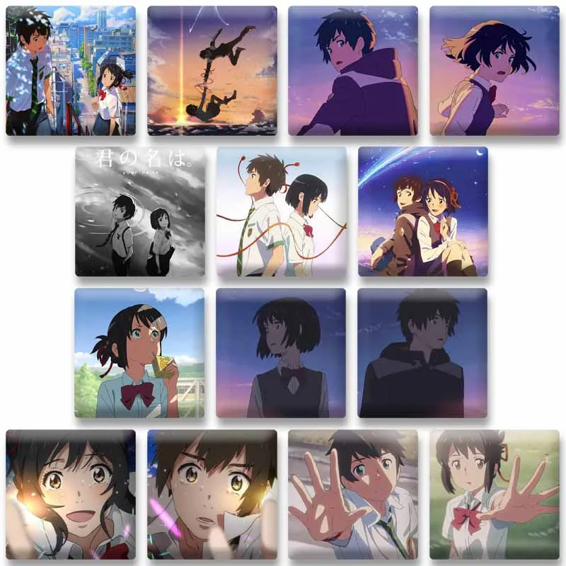 

Mitsuha Miyamizu Taki Tachibana Square Brooch on Bag Cartoon Button Badges Anime Your Name Lapel Pins Jewelry Accessories Gifts