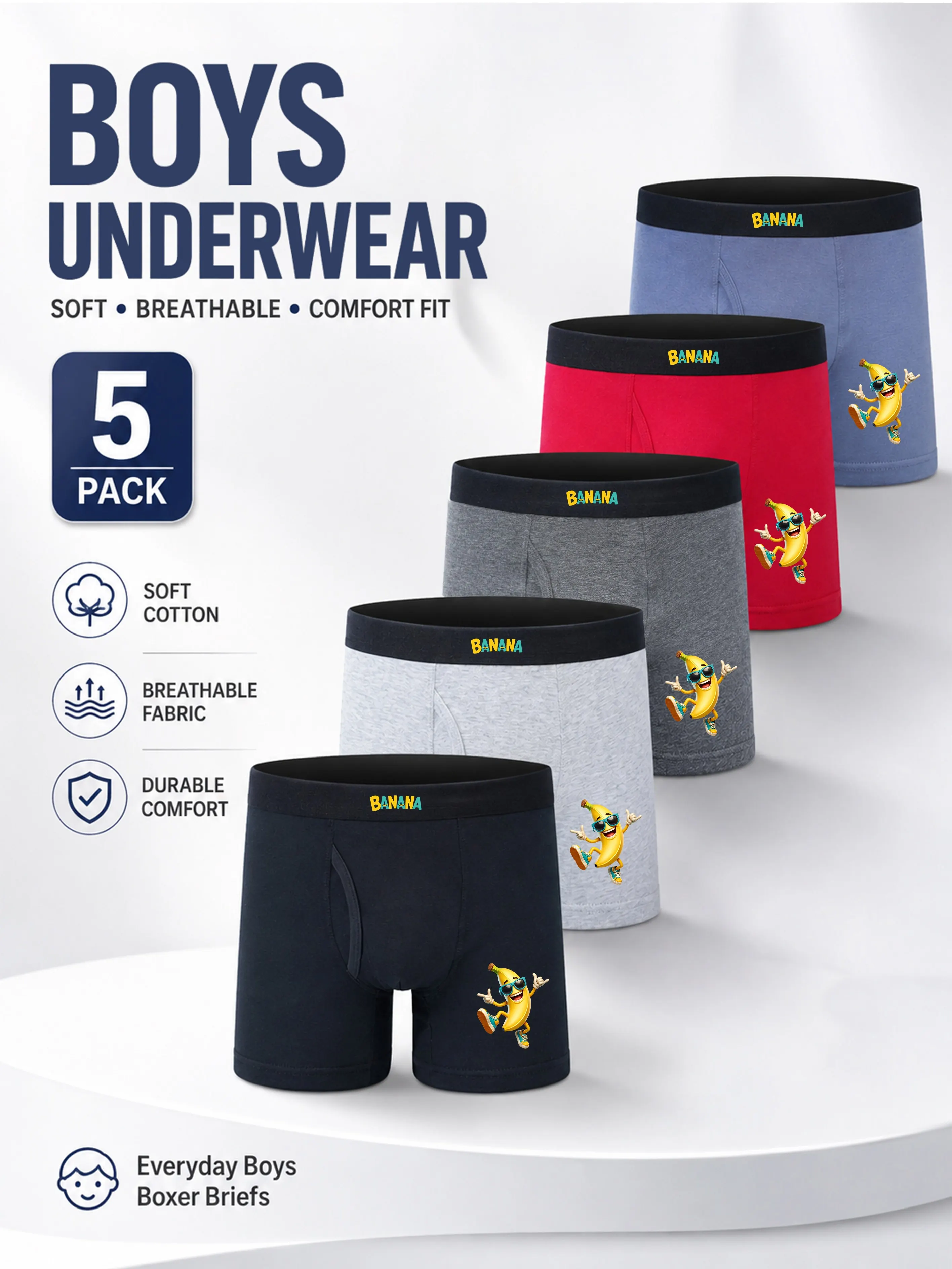 5PCS Boys' Adventure Capybara Print Boxer Briefs Soft Breathable Underwear 95% Cotton 5% Elastane Comfortable Children's Boxers