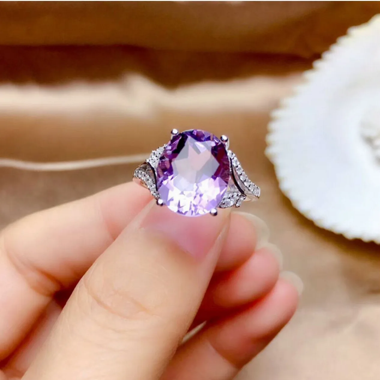 Oval Imitation Purple Crystal Ladies Open Adjustable Size Rings Women Full Zircon Sparkling Light Amethyst Silver Color Ring