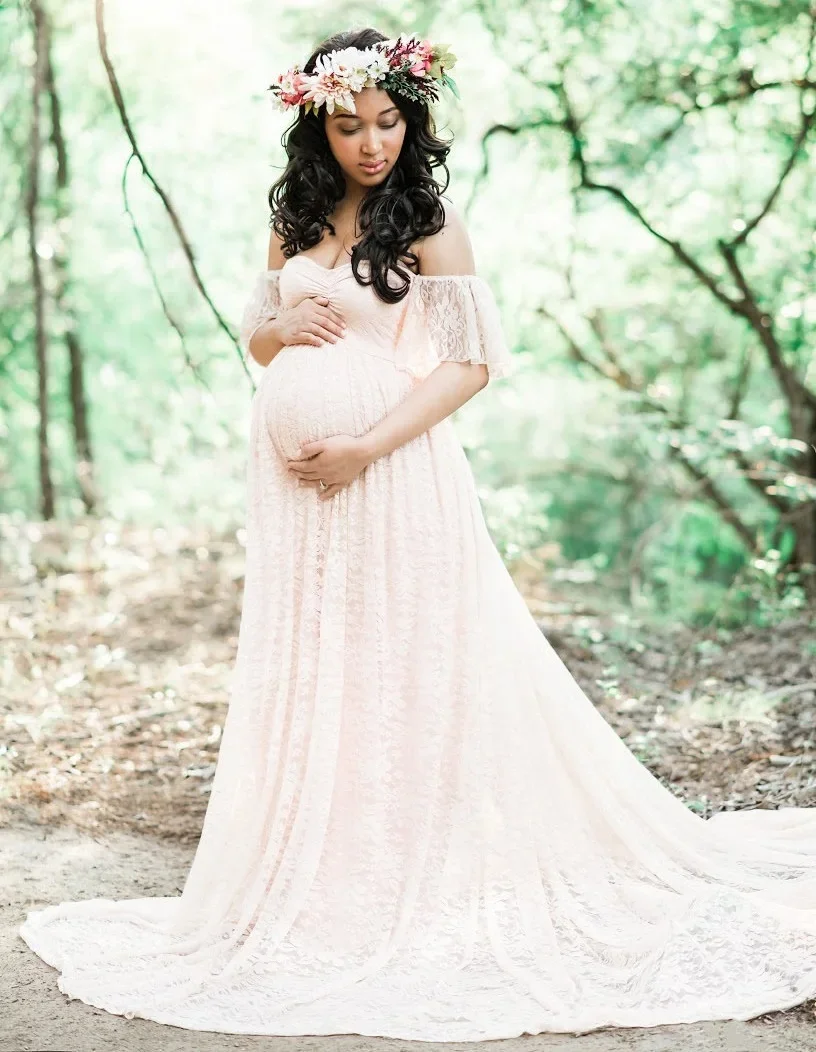 

Maternity Off Shoulder Ruffle Sleeve Pregnancy Dress Long Lace Women's Gown Maxi Photography Dress for Photo Shoot Baby Shower