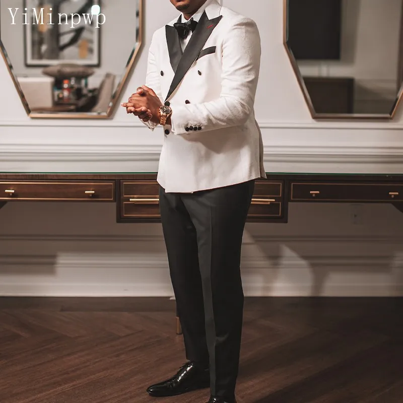 

White and Black Wedding Suit Groom Peaked Lapel Double Breasted Double Vent Costume Mariage Homme Blazer Sets 2 Pieces Coat+Pant