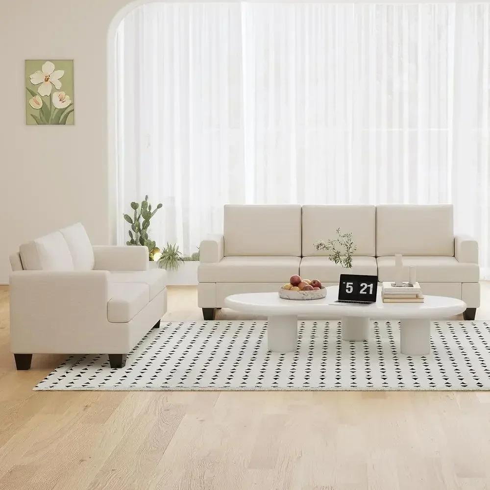 3-Seat Couch and Loveseat Set, Living Room Deep Seating Sectional Sofa and Love Seat, Beige