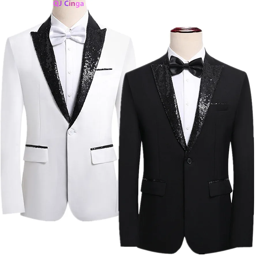 

Новый осенний белый мужской пиджак с длинным рукавом, черное верхнее пальто для свадьбы/сценического выступления, пиджаки европейского размера с блестками.