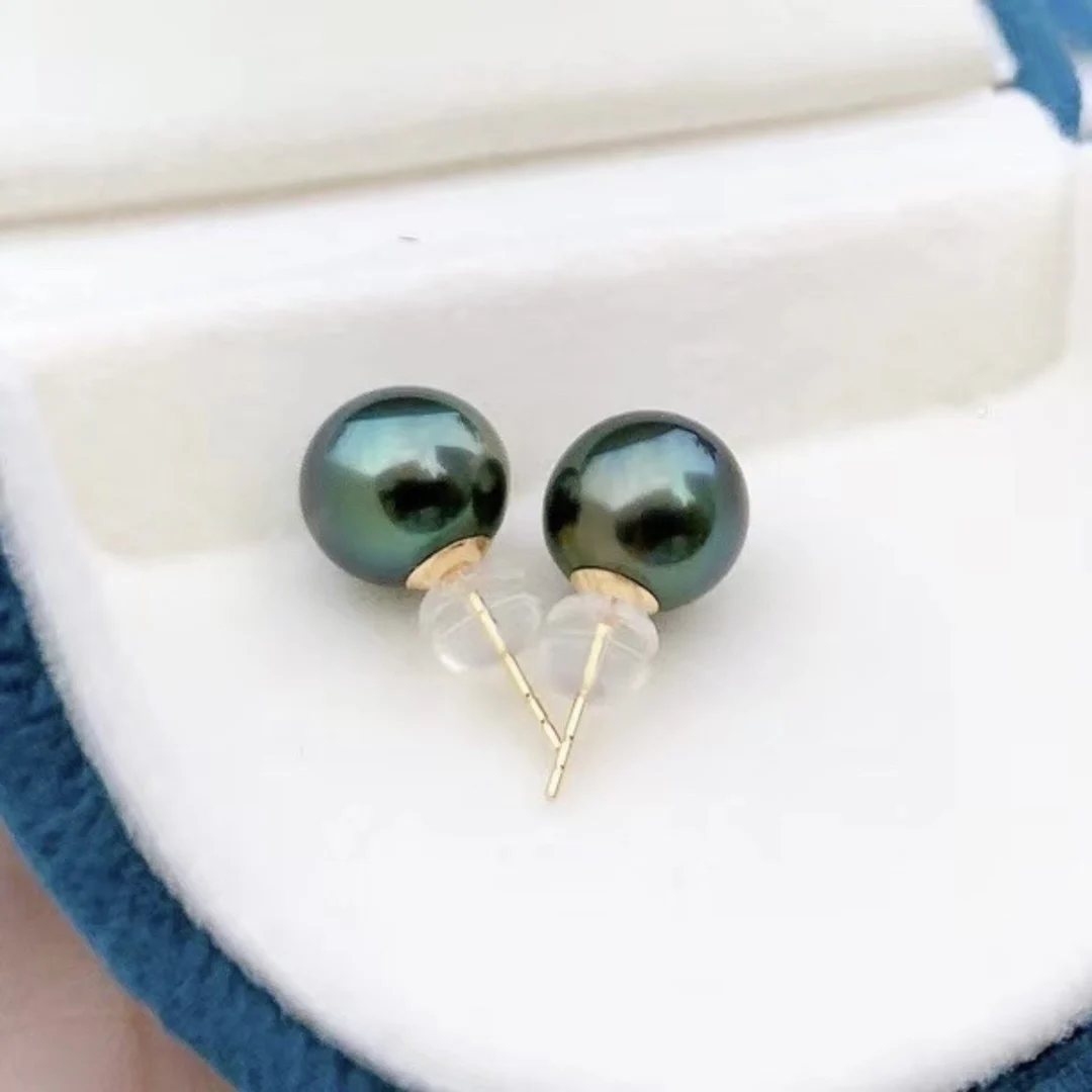 hot Huge AAAAA+++  9-10mm 10-11mm   natural Tahitian black green round Pearl Earrings  18k au750