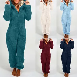 Winter Warm Pyjamas Women Onesies Fluffy Fleece Jumpsuit Sleepwear Overall Hood Sets Overall Plus Size Hood Adult Warmer Overcot