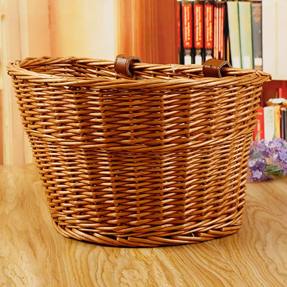 Vintage Bike Basket Large Capacity Wicker Hand Woven Front Bike Basket with Faux Leather Belt Multipurpose Home Storage Basket