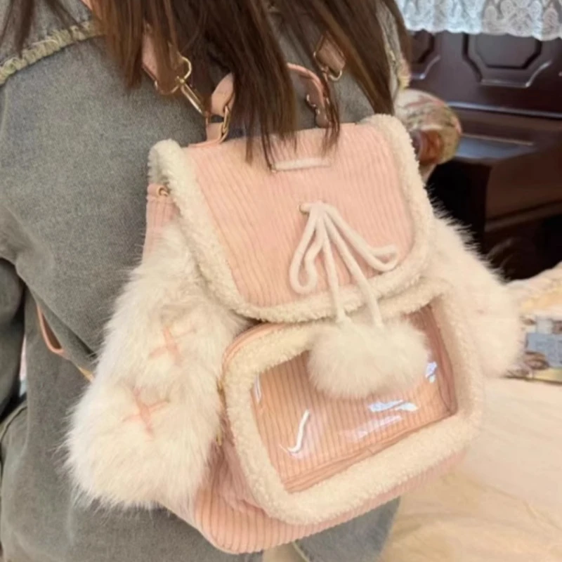 Korean Patchwork Fluffy Ears Transparent Ita Bags Casual Simple Kawaii Cute Schoolbags Sweet Y2k Girls Fashion Backpacks Women