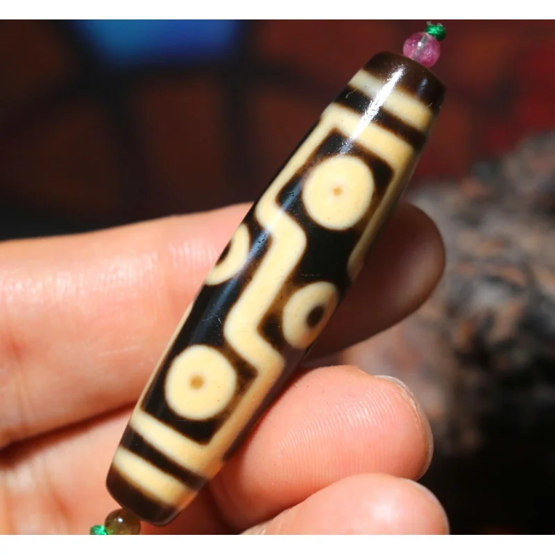 Energy Tibetan Top Old Agate Ivory Color Fold Line 9 Eyed Kingdom dZi Bead Totem