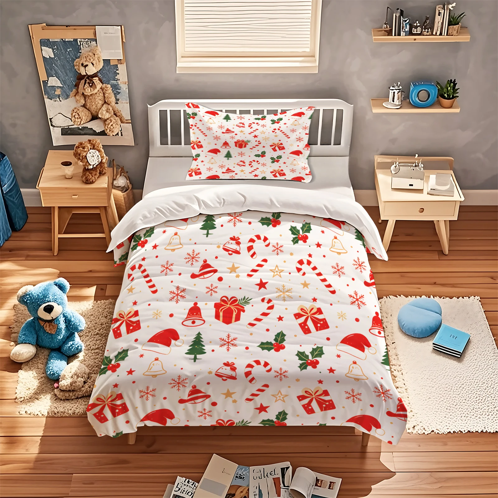 Christmas Duvet Cover Set Microfiber Xmas Santa Hat Candy Cane Gift Box Snowflake Print Bedding Set Holiday Bedroom Home Decor