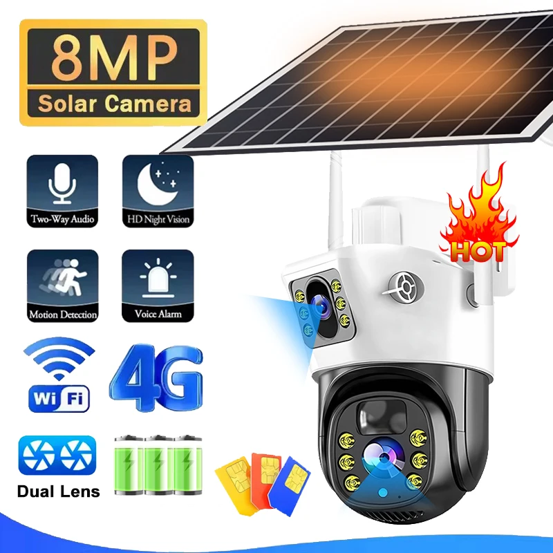 

WIFI камера с двумя объективами, защита безопасности, 4G, солнечная SIM-карта, уличная водонепроницаемая камера ночного видения V380, управление через приложение, встроенный аккумулятор