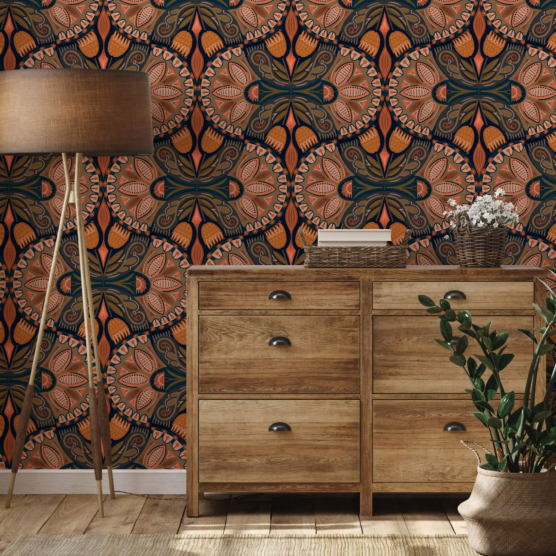 Boho Peel and Stick Wallpaper Retro Removable Floral Wall Paper for Bedroom Cabinet Contact Paper