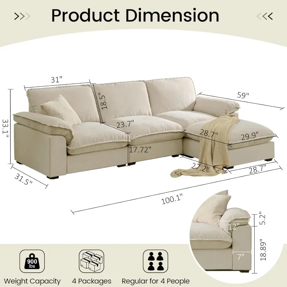 Modular Sectional Sofa Deep Seat Cloud Couch with Reversible Chaise L Shaped Couch w/ Padded Armrests Chenille Sectional Couches