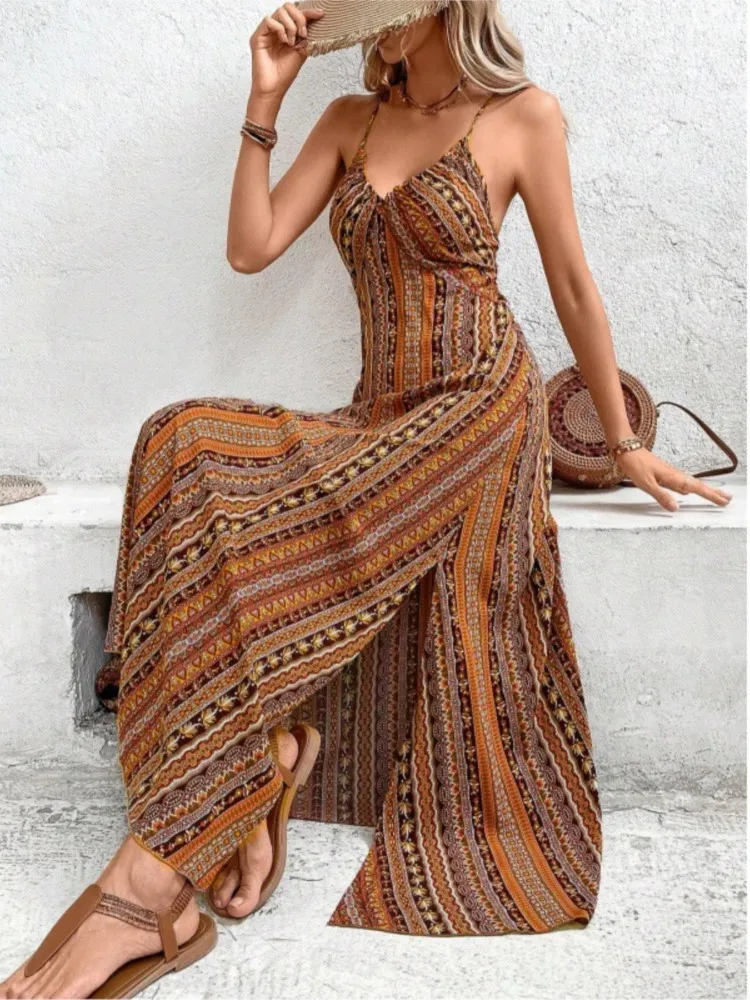 Vestido de verano con estampado étnico para mujer, vestido con espalda descubierta y muslo dividido, ropa de verano para mujer, Vestido de playa bohemio con cuello en V, vestido veraniego Vintage sin espalda