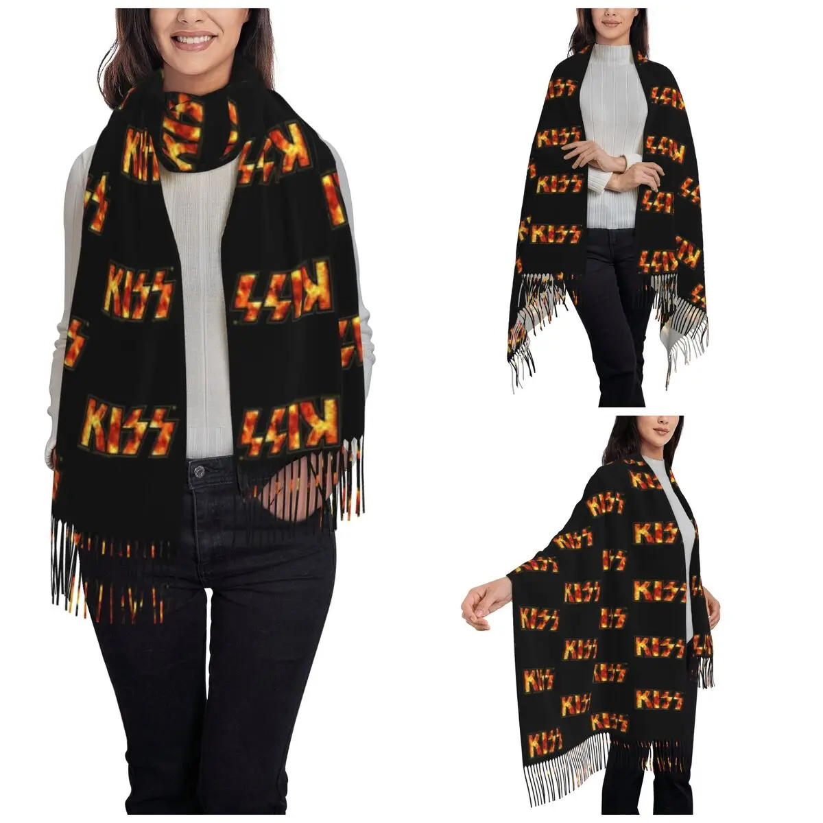Kiss Band Fire Logo Shawl Wrap Women Winter Warm Large Soft Scarf Pashminas Tassel Scarves