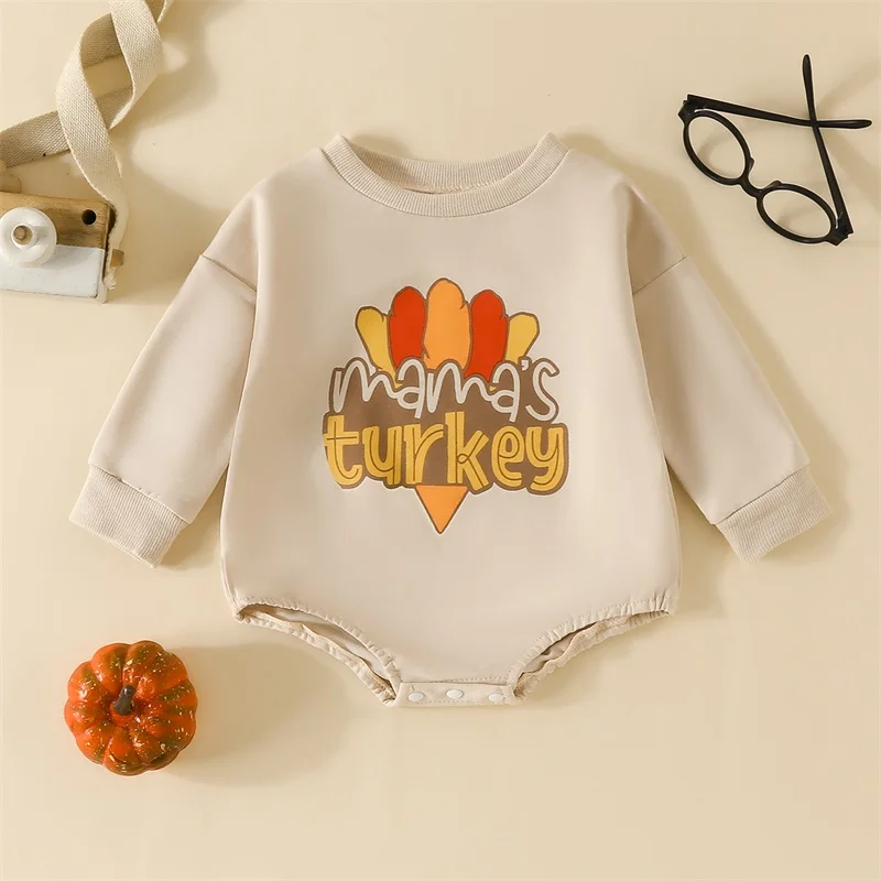 

Adorable Turkey Print Infant Thanksgiving Jumpsuit with Feather Detail and Long Sleeves - Newborn Holiday Outfit for Baby Boy