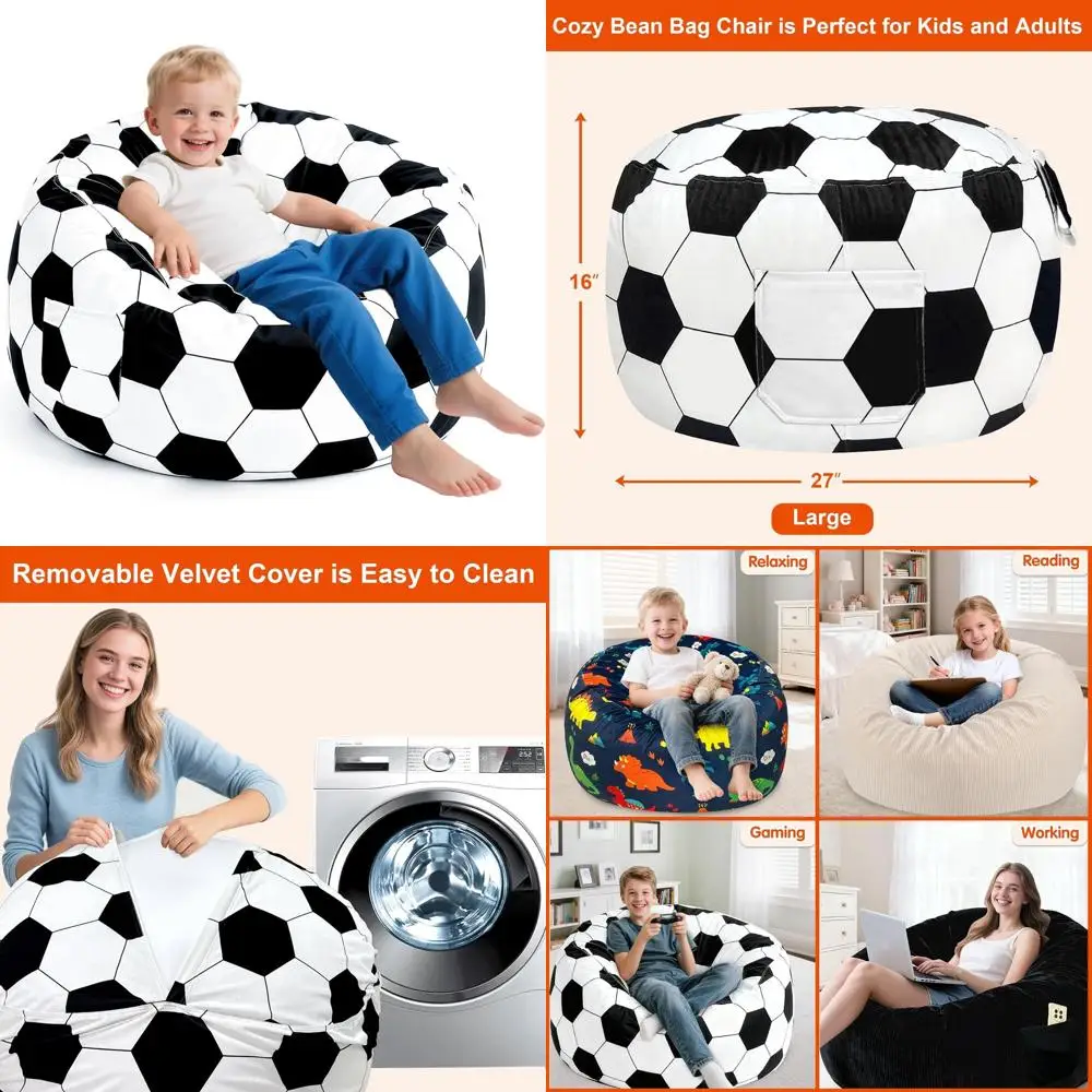 

Large Velvet-Covered Soccer Bean Bag Chair, Ideal for Toddlers, Living Room, and Birthday Gifts