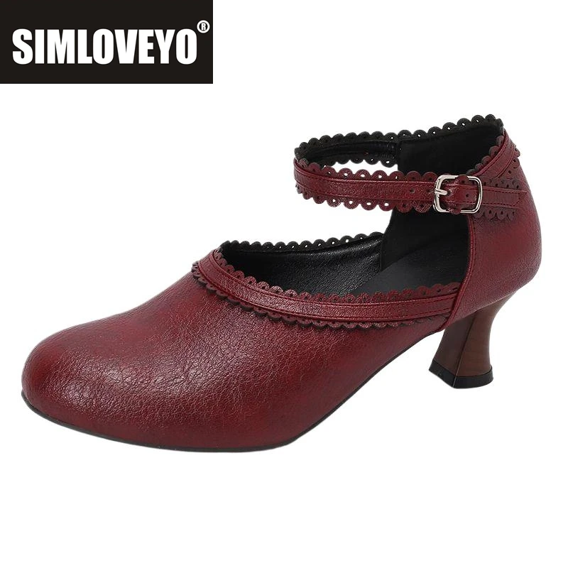 

SIMLOVEYO Женские туфли-лодочки в стиле ретро с круглым носком, необычные туфли на каблуке 6 см, с пряжкой и ремешком, большие размеры 47 48 49 50, мягкая повседневная женская обувь для офиса