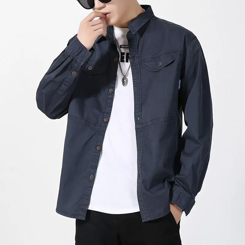 Men's Casual Long-Sleeved Shirt Trendy Brand Loose Fit Cotton Stretch Versatile Cargo Jacket Autumn Top BL816