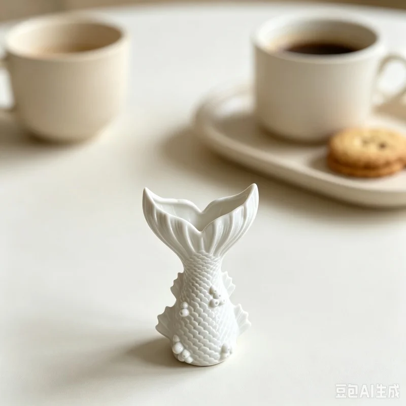 3D Printed Textured White Mermaid Tail Vase Scale Embossed Ocean Themed Small Flower Vase Minimalist Coastal Style Decor