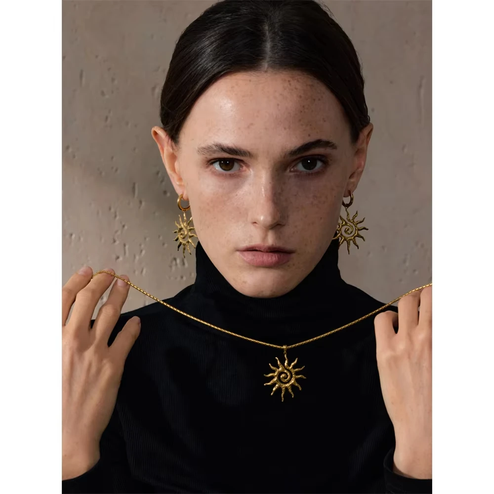 New Vintage Stainless Steel Alloy Drop Necklace Hoop Earrings for Women Tarnish Resistant Charm Jewelry Set Fashion Pendant