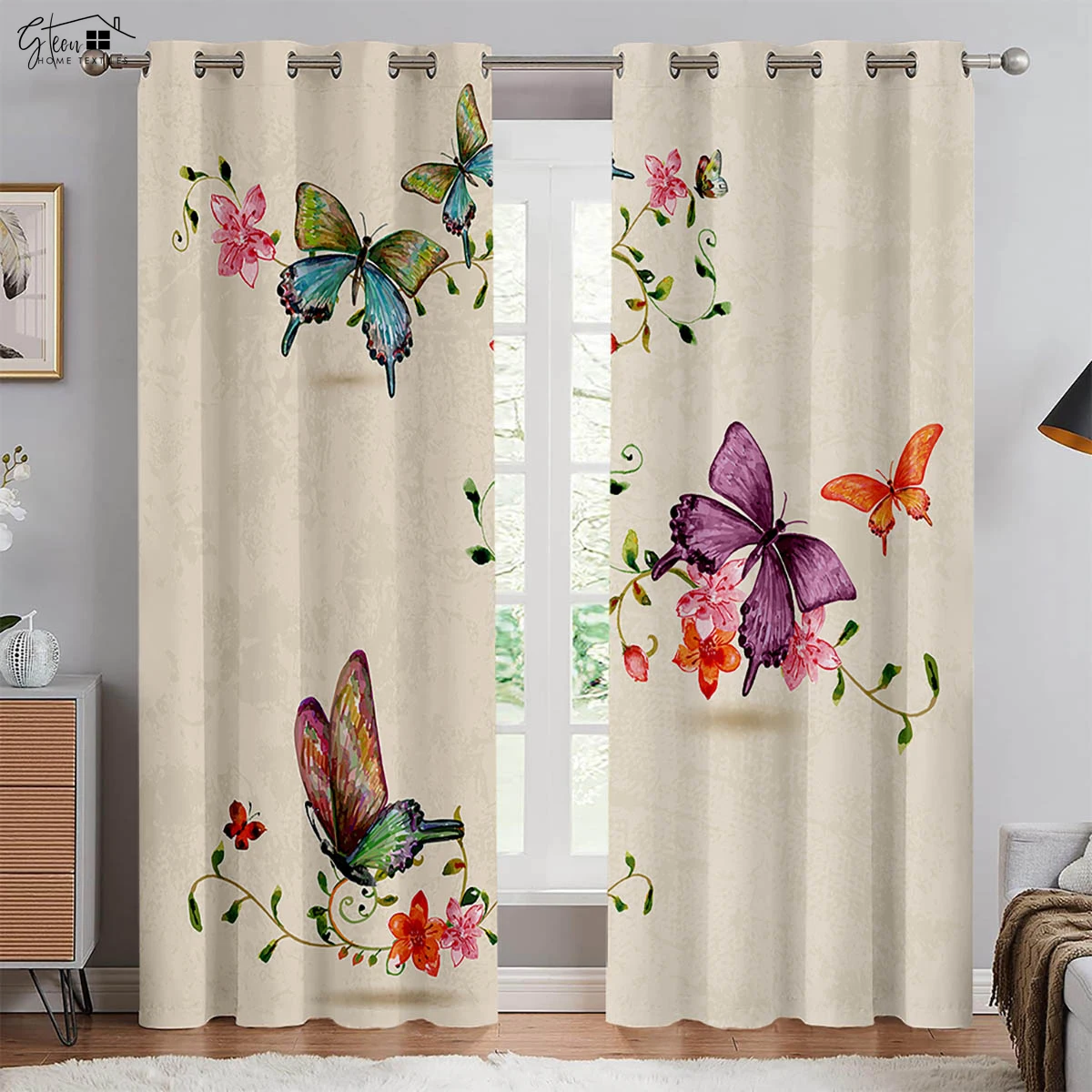 Retro Pastoral Butterfly Flower 3D Printing Curtains Beautiful And Fresh Bedroom Living Room Study Polyester Fiber Curtains 2PCS