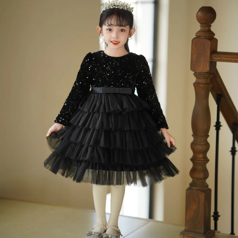 

Girls women's high-end dress autumn and winter black swan dress little girl fossil style cake dress