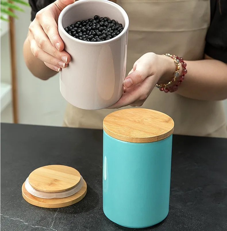 500/800/1900ml Ceramic Food Storage Containers Coffee Bean Storage with Bamboo Lid Kitchen Storage Container Kitchen Organizer