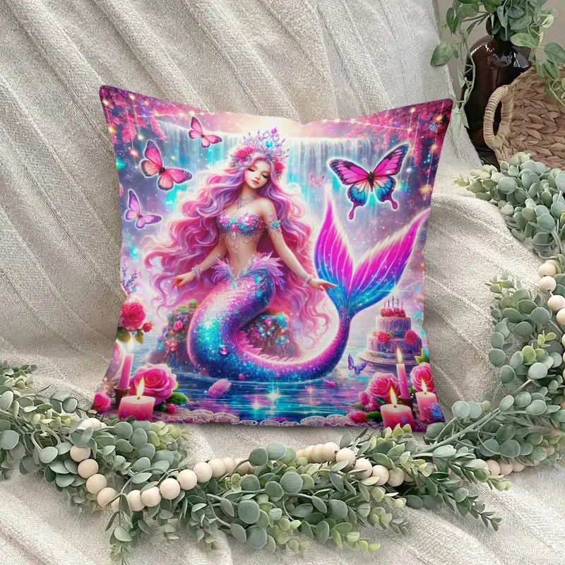 1pcs 2D Flat Mermaid Birthday Cake Glitter Pillowcase Fantasy Ocean Princess Art Kids Room Decor Soft Plush Cushion Cover Double view 4
