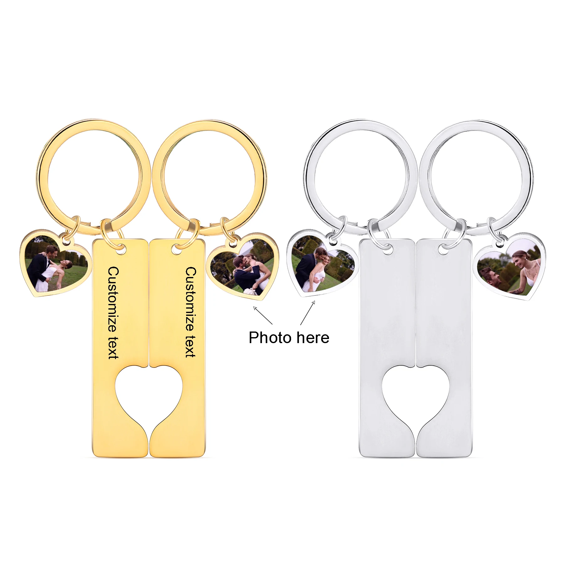 1Pair Customize Photo Couple Key chain Engraved Text Rectangle Heart Puzzle Pendant Gift for Lovers Anniversary Birthday Gift