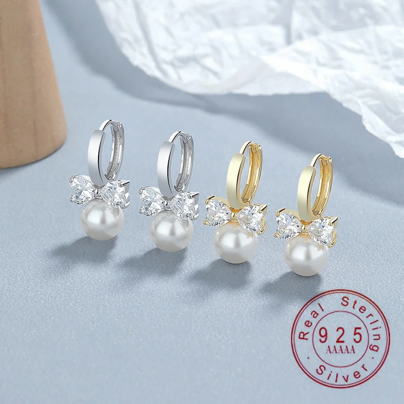 

S925 Sterling Silver Bow Cubic Zirconia & Pearl Huggie Hoop Earrings Drop Earrings Hypoallergenic for Women Daily Jewelry