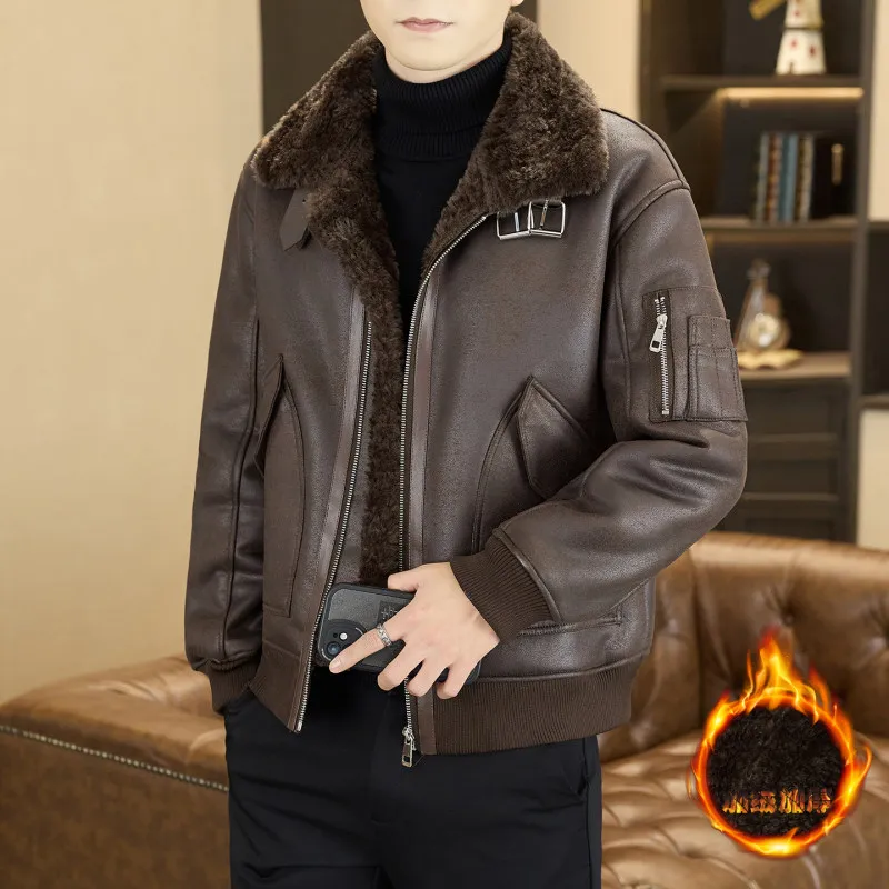 

Теплая зимняя куртка-косуха с меховой подкладкой для мужчин, высококачественная кожаная и меховая одежда, свободная верхняя одежда из полиэстера...