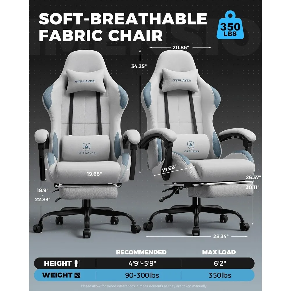 Gaming Chair Fabric Pocket Spring Cushion Lumbar Support Linkage Armrests Footrest Light Gray