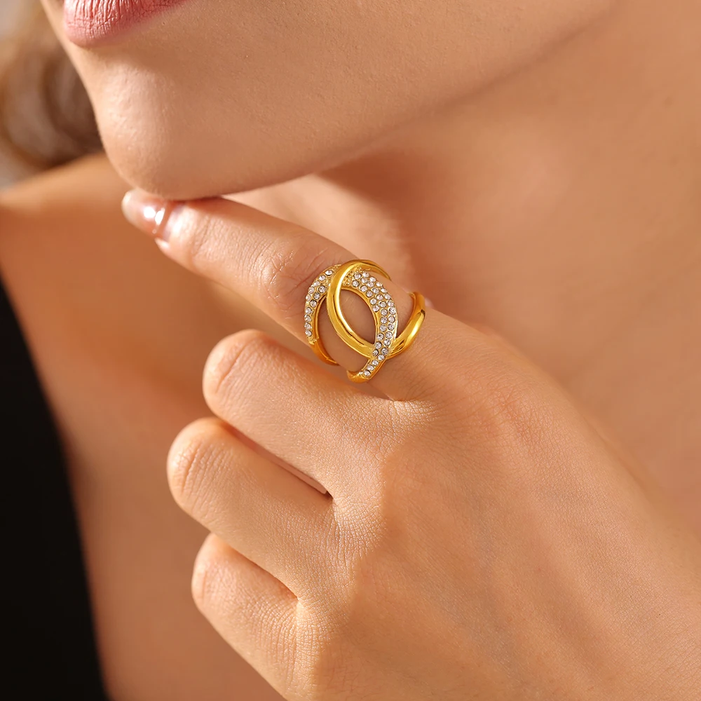 Trendy C Shape Hip Hop Rings for Women Luxury Inlaid Zircon Index Ring Stainless Steel Gold-plated Waterproof Party Jewelry Gift