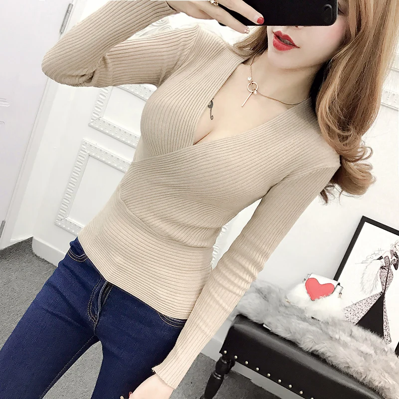 Sexy Deep V Neck Sweater Women 2024 New Womens Clothing Slim Bottoming Large Elastic Knitwear Rib Cotton Long Sleeve Top Jerseys