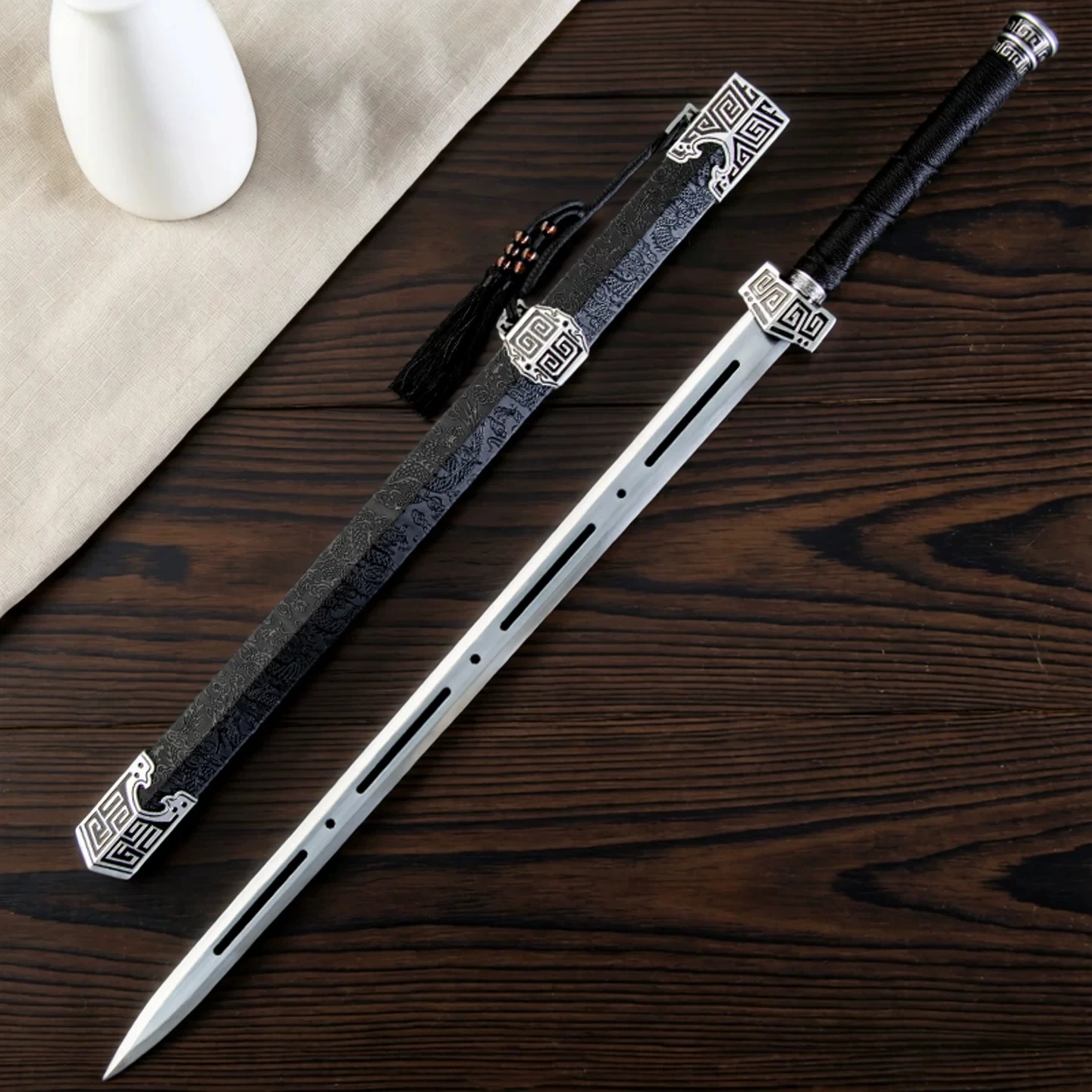 Chinese Han Dynasty Sworrd 99cm Manganese Steel Blade with Hollow Blood Groove Wood Scabbard Antique Fittings Free Stand