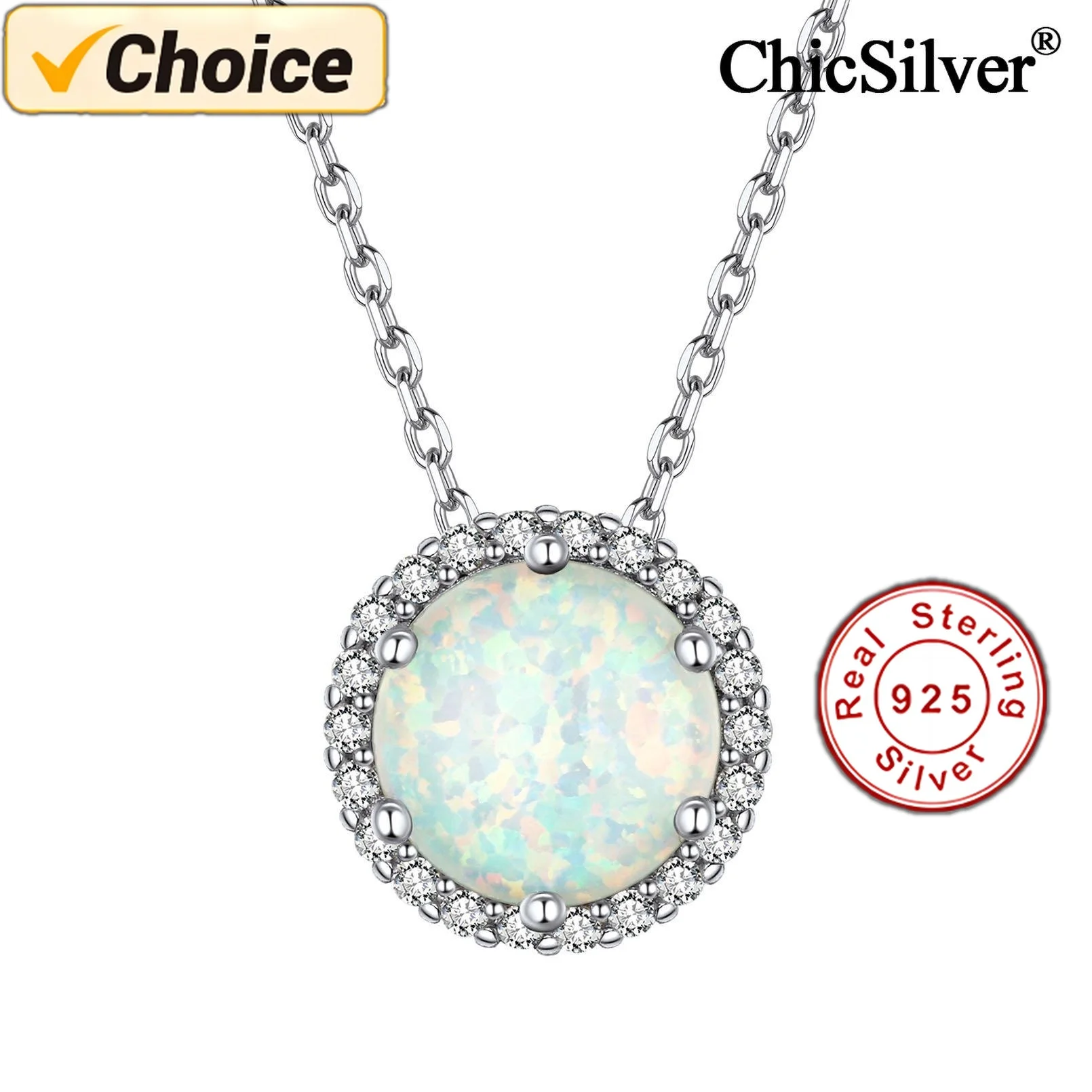 

White Opal Necklace for Women Girls 925 Sterling Silver 8mm Round Created Opal Halo Pendant Birthday Gifts for Mother