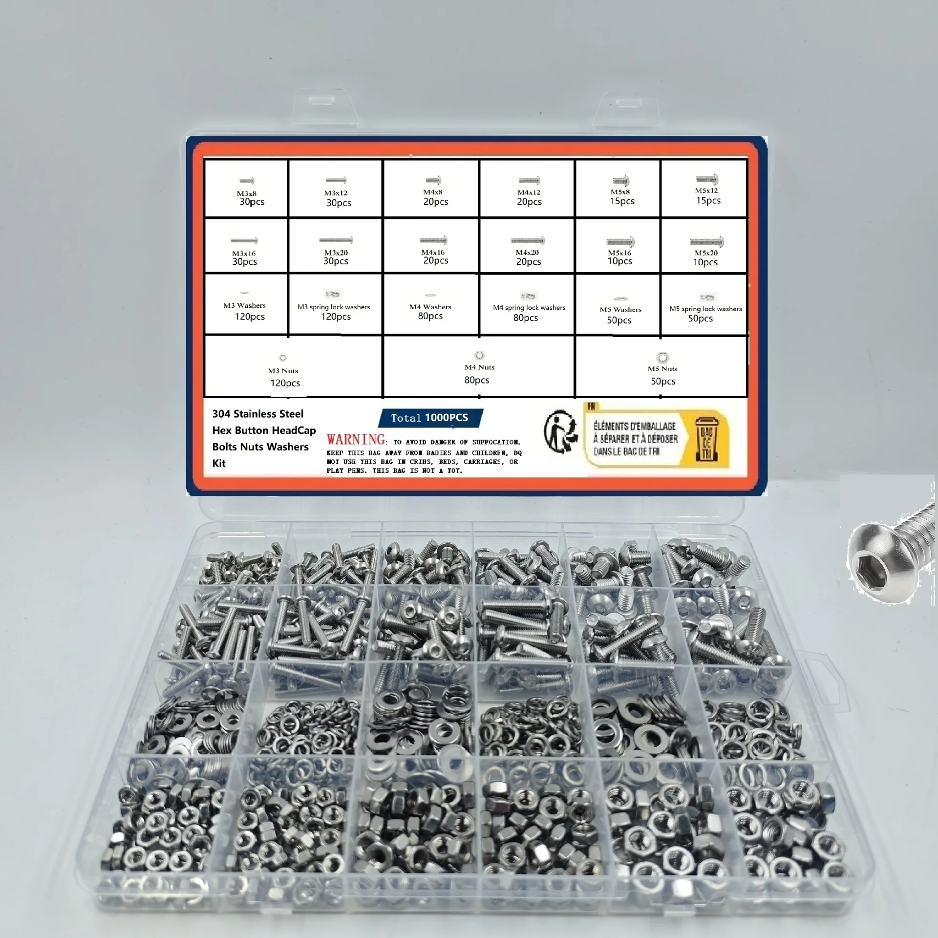 1000pcs Round Head M3 M5 Hexagon Screw Set 304 Stainless Steel Metric Screw Assortment Kit