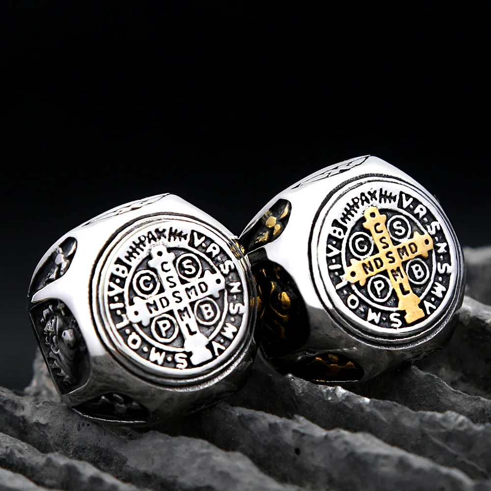 New Vintage Exorcism Saint Benedict Cspb Cross Ring Stainless Steel Amulet Catholic Rings For Men Fashion Jewelry Gift Wholesale