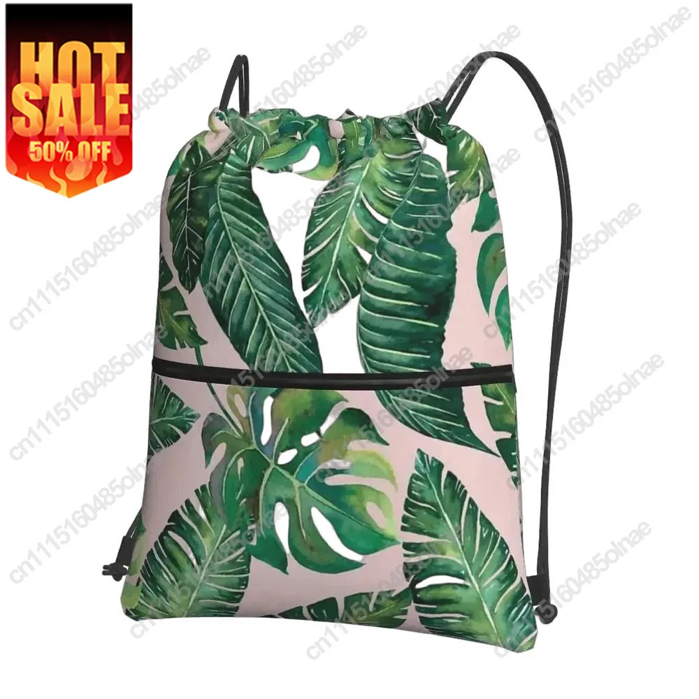 Monstera Banana Palm Leaf Portable Backpacks Bag Casual Drawstring Bundle Pocket Storage Bags For School Students