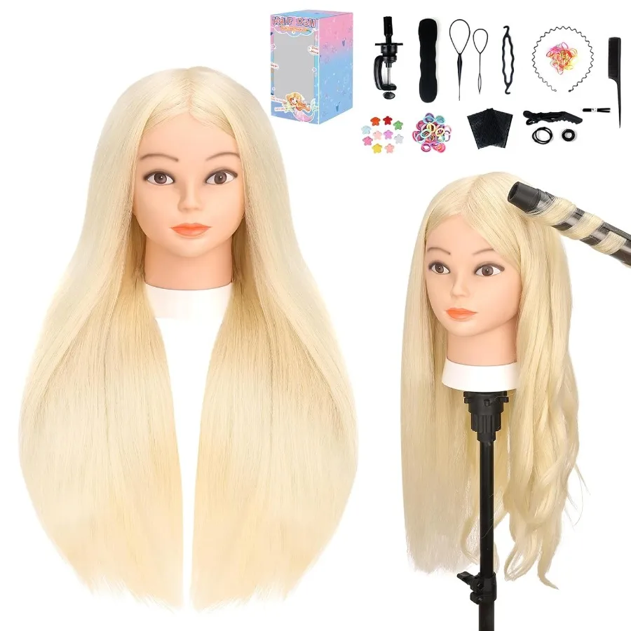 

Голова манекена с 70 человеческими волосами, 26 золотых настоящих человеческих волос, тренировочная голова для косметологической практики, включает держатель и инструмент с зажимом