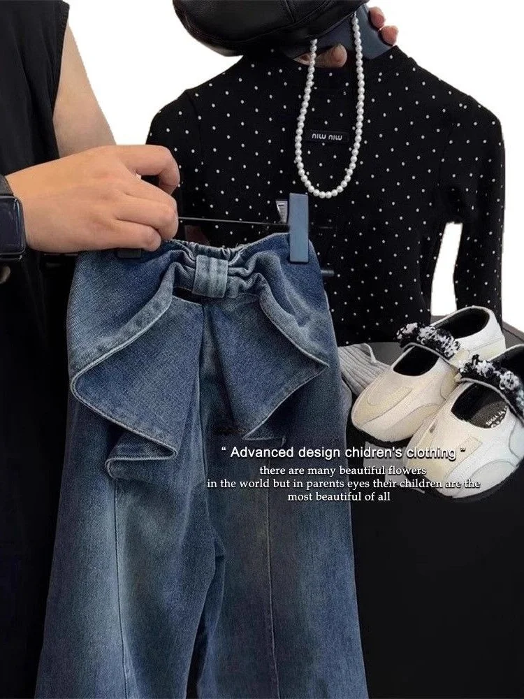 

Faionable Polka Dot Blouse with Bow Tie And Denim Pants Spring New Arrival Women's Clothing Set Long Sve Cotton Blend