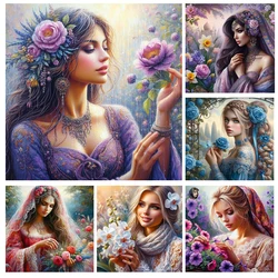 DIY Diamond Painting Beautiful Woman Cross Stitch Kits Full Square Round Flower Diamond Mosaic Embroidery Portrait Picture Gift